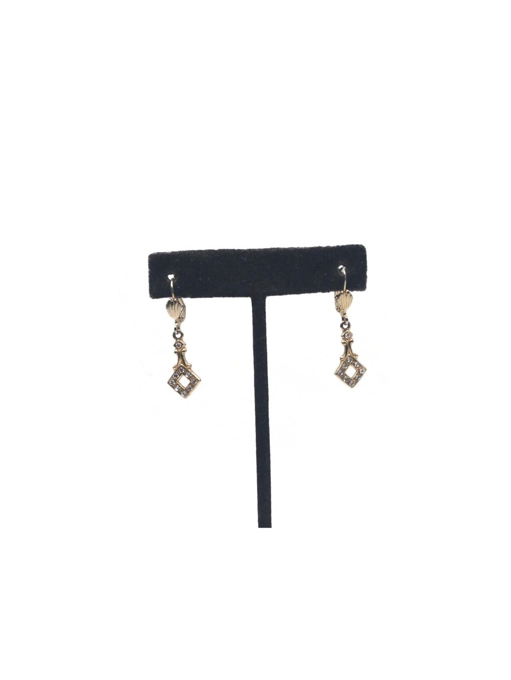 Fancy Gold Tone Earrings, Vintage Gold Tone & Clear Rhinestones Dangle Earrings.